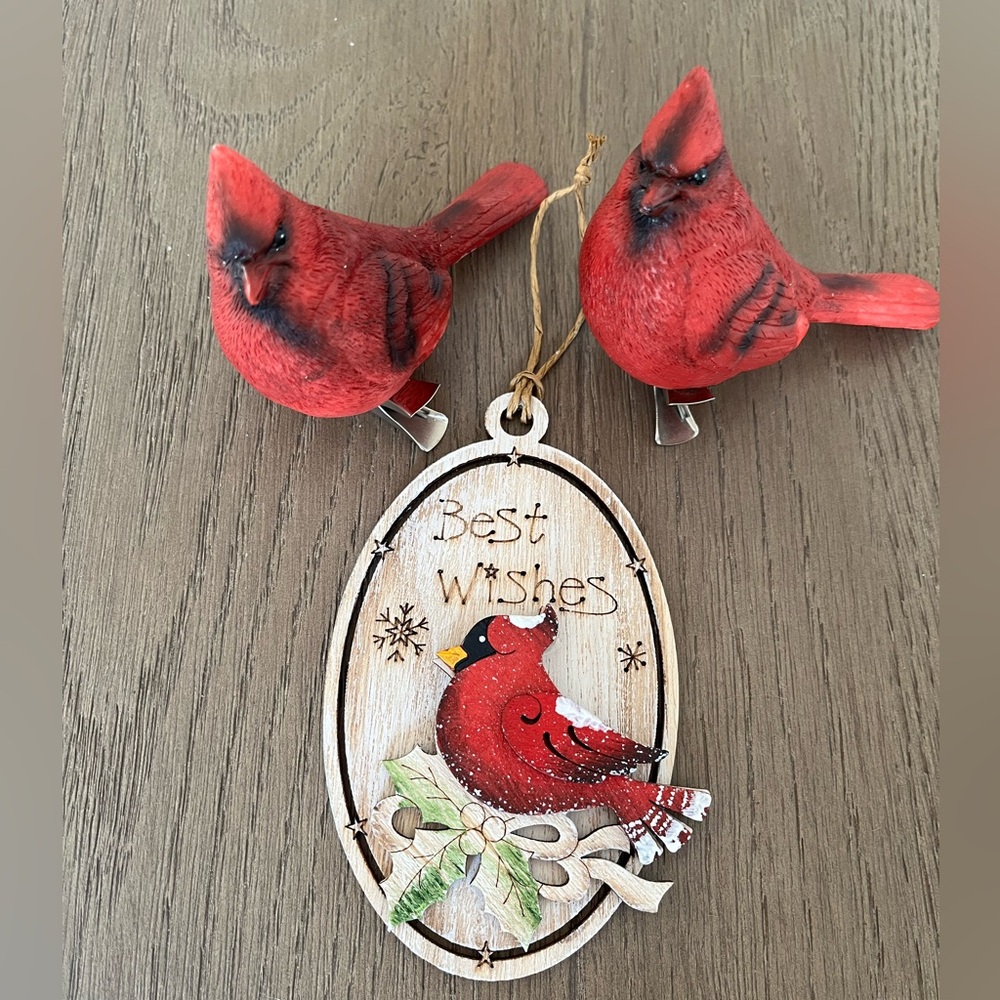 Two Resin Cardinals with Metal Clip and a Wood Holiday Cardinal Ornament